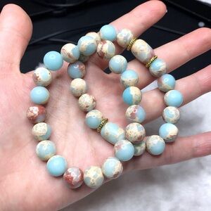 ShouShan Bloody Blue Beads Stones w/Gold Plated Charms Stretchy Bracelet (2pcs)